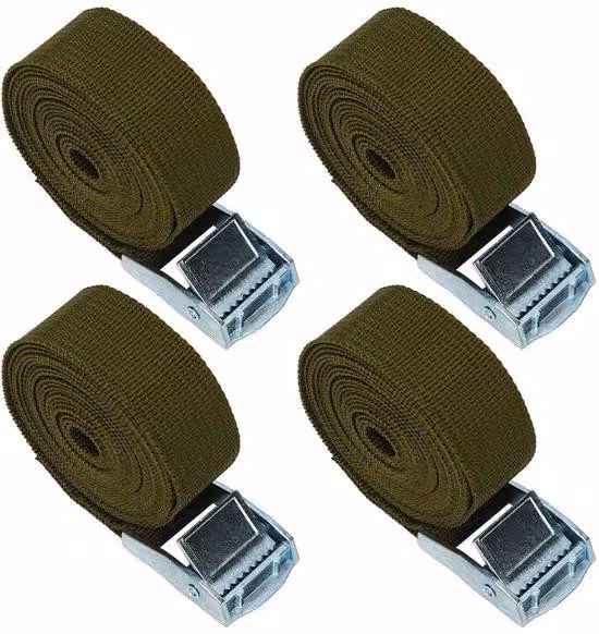 Set di 4 cinghie di fissaggio regolabili, verde, 2,5 m, chiusura a morsetto, portata 250 kg, per auto, moto, biciclette, trasporto