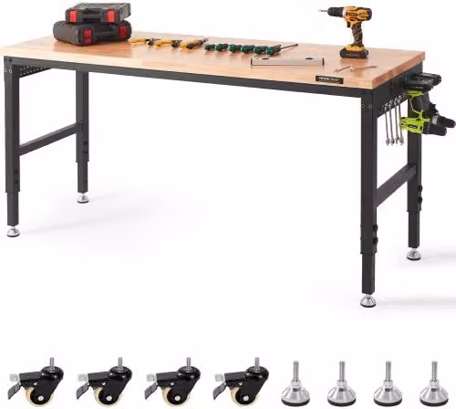 VEVOR Banco da Lavoro Regolabile con Piano in Legno e Prese di Corrente, Carico Max. 1361 kg, L: 182,9 cm, P: 63,5 cm, H: 71,1-100,3 cm