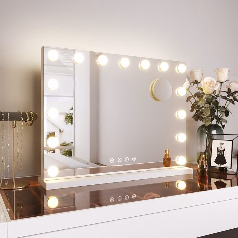SONNI specchio per il trucco 58x45cm specchio per il trucco con luce a 3 colori, luminosità regolabile, con USB e Bluetooth, ingrandimento 10x, specchio da parete, bianco