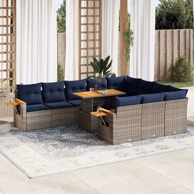 Set di divani da giardino vidaXL a forma di L composto da 11 pezzi in polyrattan e legno di acacia con cuscini inclusi, colore grigio e blu – 1