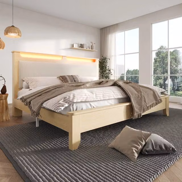 letto in legno e corduroy beige 180 x 200 cm