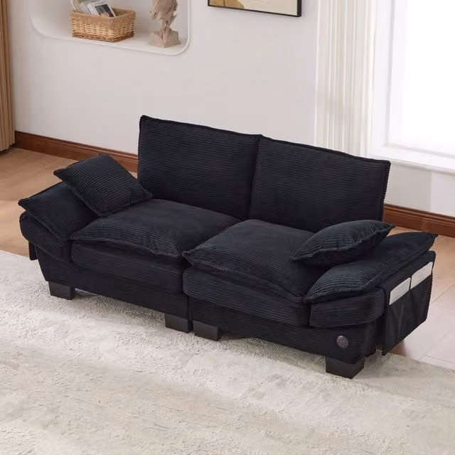 Divano Modulare 2 Posti ¨C MINIMAL ¨C Tessuto a Coste, Nero, con Braccioli e Tasche Laterali