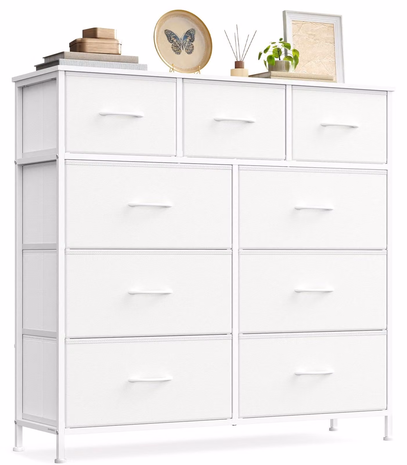 SONGMICS, cassettiera, mobiletto contenitore, 9 cassetti, acciaio – bianco nuvola + bianco ottico