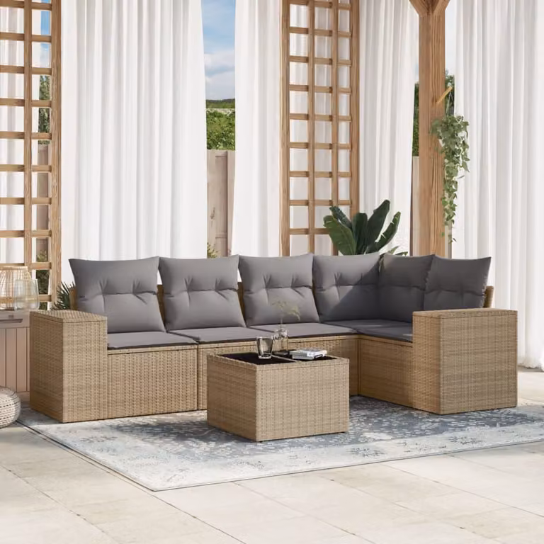 Set Divano da Giardino vidaXL 6 pz a Forma a L in Polyrattan con Cuscini Beige e Tavolino da Esterno