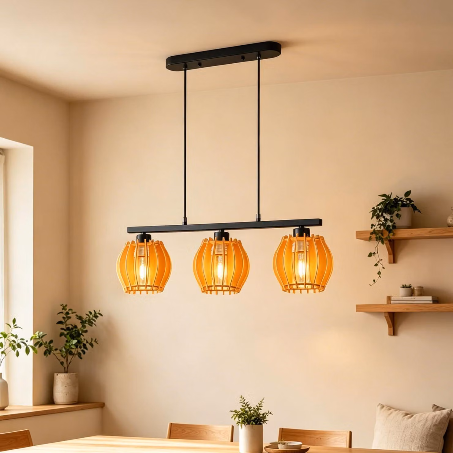 Lampada a sospensione in legno, 3 luci, attacco E27, altezza regolabile, 59x15x14 cm