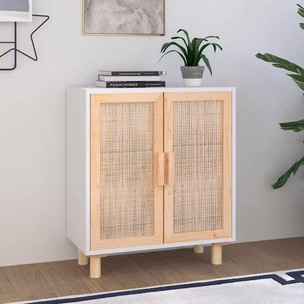 Credenza vidaXL in legno massello di pino e rattan naturale, colore bianco, L 60 cm x P 30 cm x H 70 cm