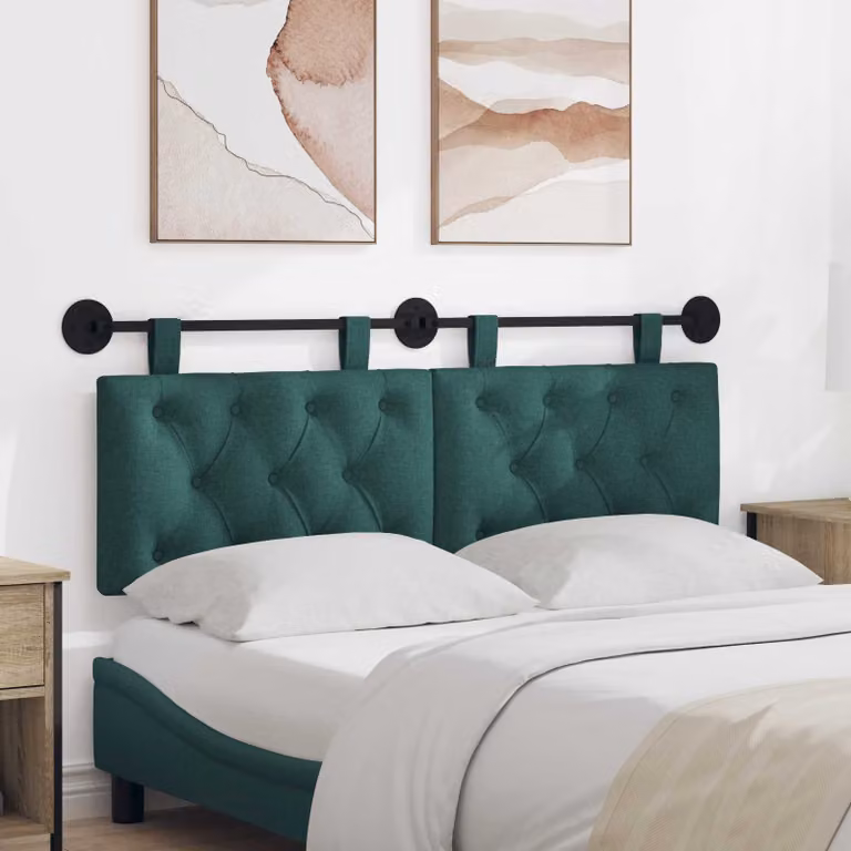 Testiera del letto sospesa vidaXL in tessuto verde scuro con pannello imbottito e struttura in legno e metallo L: 150 cm, H: 55 cm, P: 7 cm