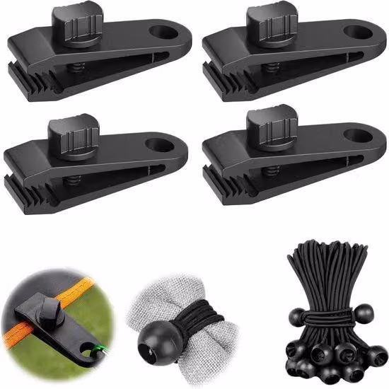 Set di tiranti per tenda con morsetti robusti e corde elastiche - Kap-Design - morsetti per tenda neri