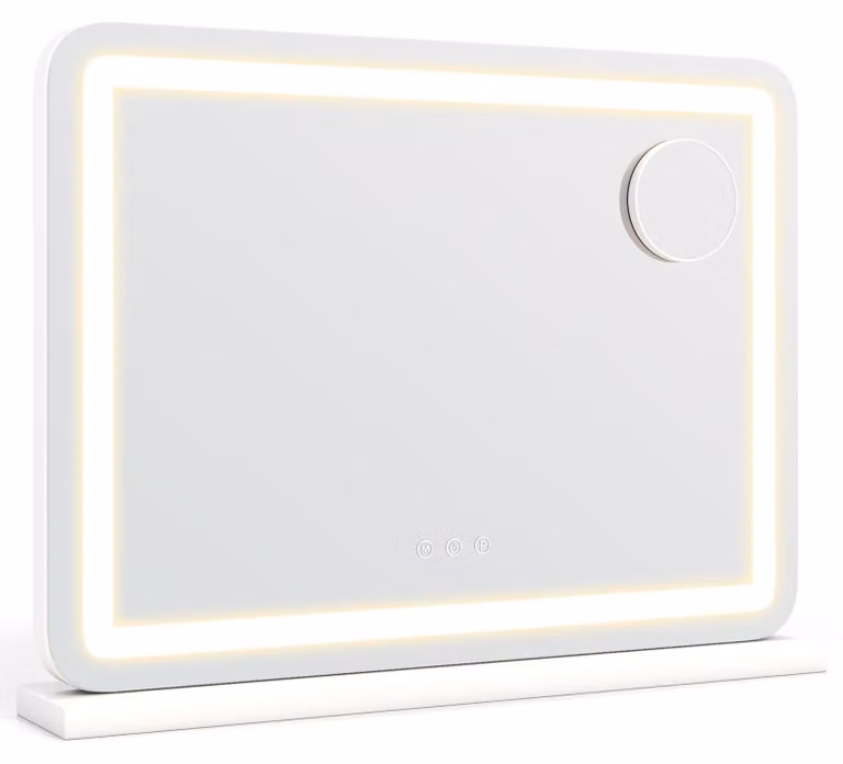 Specchio da trucco illuminato COSTWAY, specchio per il trucco 58x43 cm con 3 modalità di illuminazione, ingrandimento 10x e interruttore touch, specchio in stile Hollywood con USB e porta di tipo C