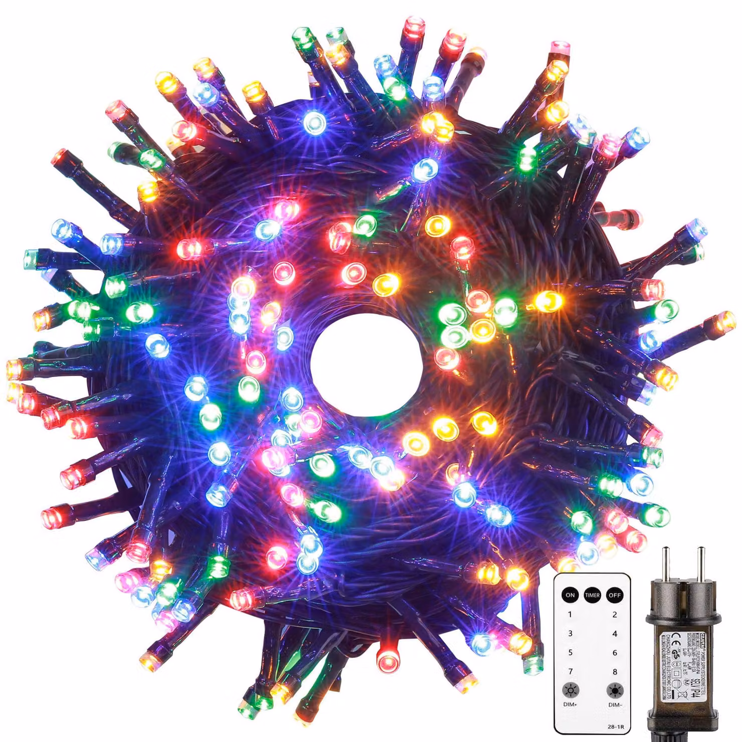 Catena luminosa da 10 metri, con 100 LED colorati, telecomando, 8 modalità, grado di protezione IP44