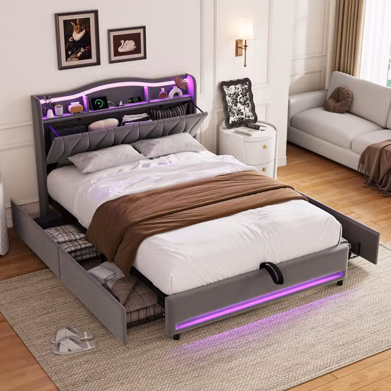 Letto contenitore Moonbite 160x200 – 2 ampi cassetti laterali, testiera organizzata, doppia illuminazione LED, porta USB di tipo C