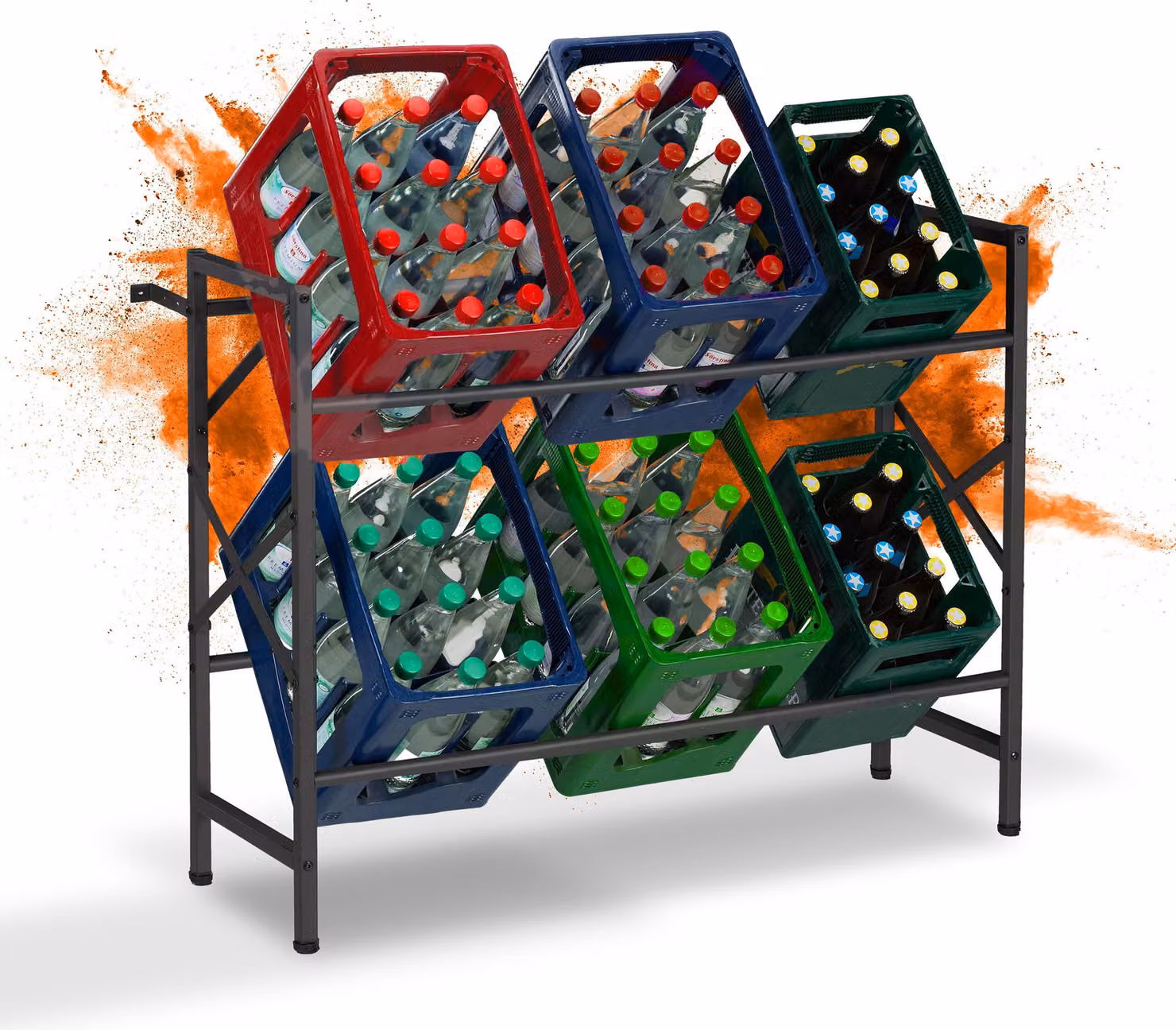 Scaffale per casse di bevande Relaxdays, A x L x P: 80 x 104 x 32 cm, 300 kg, 6 casse, acciaio, porta-casse, scaffale per casse, nero