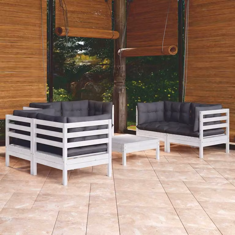 Set Salotto da Giardino vidaXL 7pz in Legno di Pino con Cuscini, Design Moderno a L, Bianco e Antracite