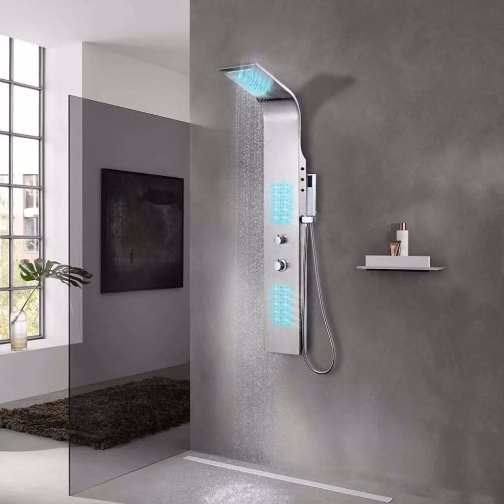 Pannello Doccia Curvo vidaXL in Acciaio Inossidabile Spazzolato con Termostato, Doccia a Pioggia e Massaggio, Colore Argento, H: 130 cm – 1
