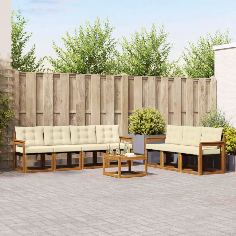 Set di divani da esterno vidaXL 8 pezzi in legno di acacia con cuscini beige e bianco per giardino e terrazza