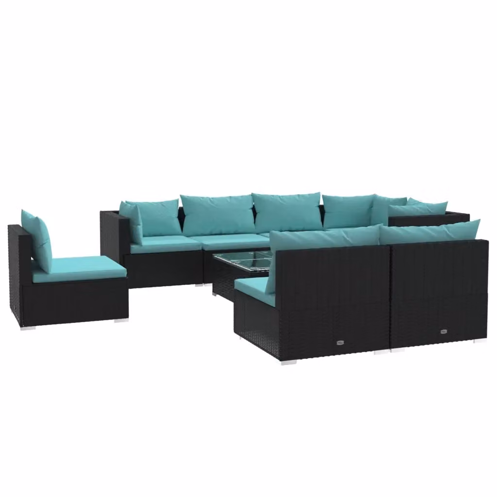 Set di Divani da Giardino a L con Tavolino vidaXL, 9 Pezzi in Polyrattan Nero e Blu con Cuscini Imbottiti e Coperture Rimovibili – 2