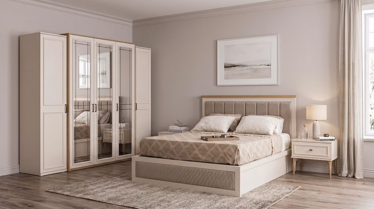 Letto contenitore elegante, armadio, comò con 5 cassetti, tavolino da trucco, set color crema