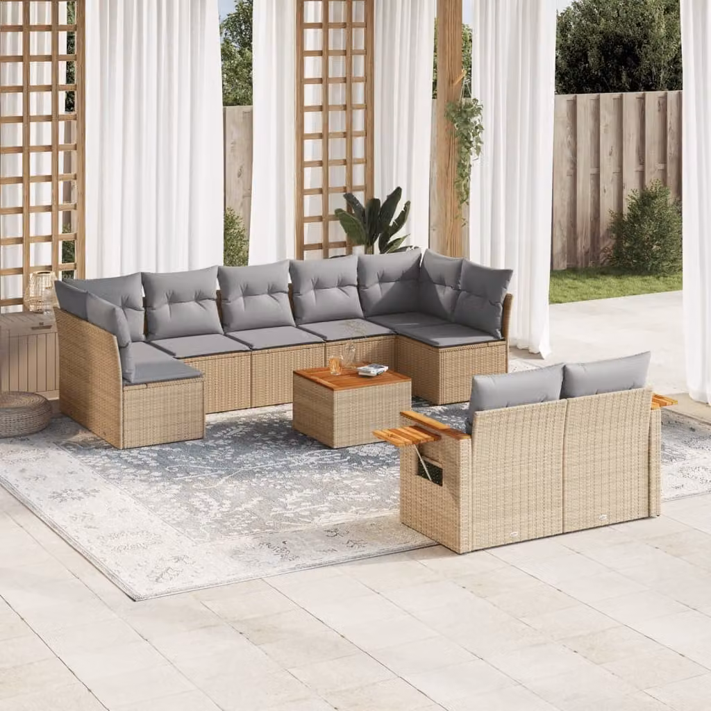 vidaXL Set Divano da Giardino 10 pz a Forma di L in Polyrattan con Cuscini Beige e Tavolino da Esterno – 1