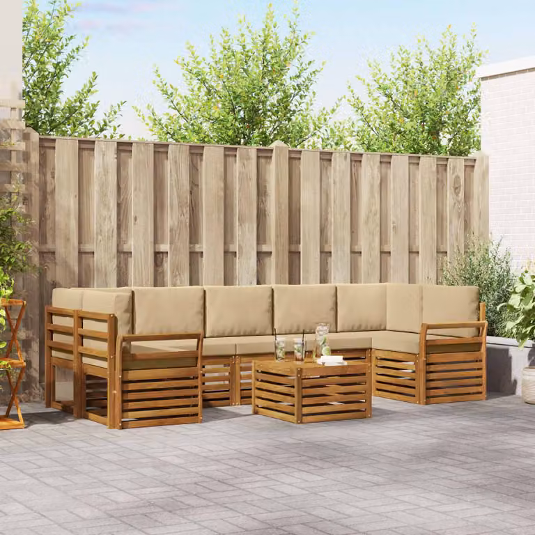 Set di divani da esterno vidaXL a forma di L in legno di acacia con tavolo da caffè e cuscini, 8 pezzi, Beige e Marrone