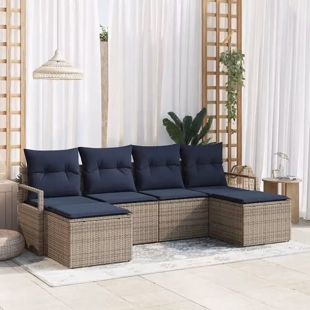 Set di divani da giardino a forma di L vidaXL in rattan grigio e blu con cuscini inclusi e struttura in acciaio rivestito in polvere