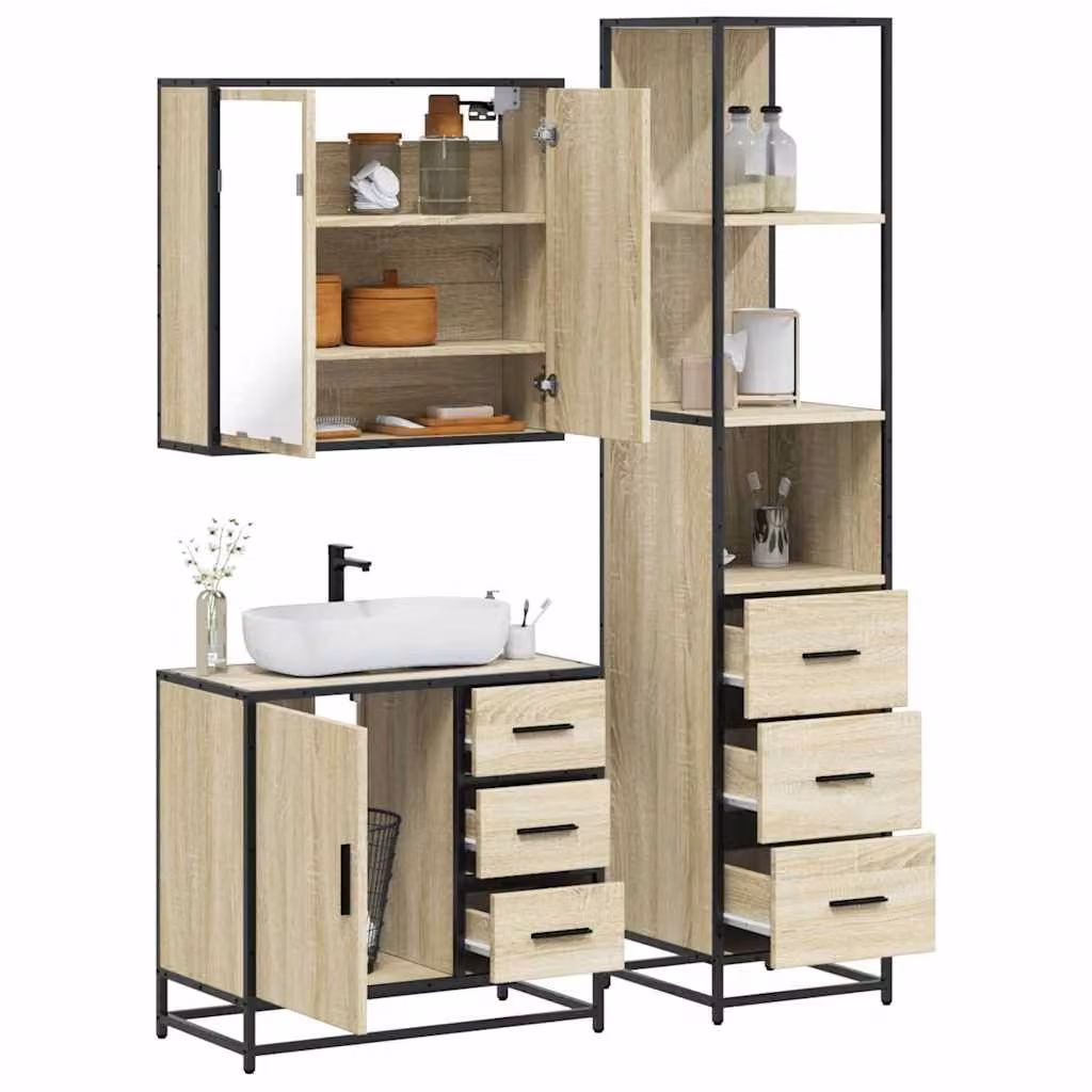 Set di mobili da bagno industrial vidaXL in legno e metallo marrone composto da armadietto con specchio, mobile lavabo e colonna alta