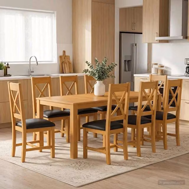 Set da pranzo moderno vidaXL in legno di quercia composto da 9 pezzi, tavolo rettangolare e sedie, nero e marrone