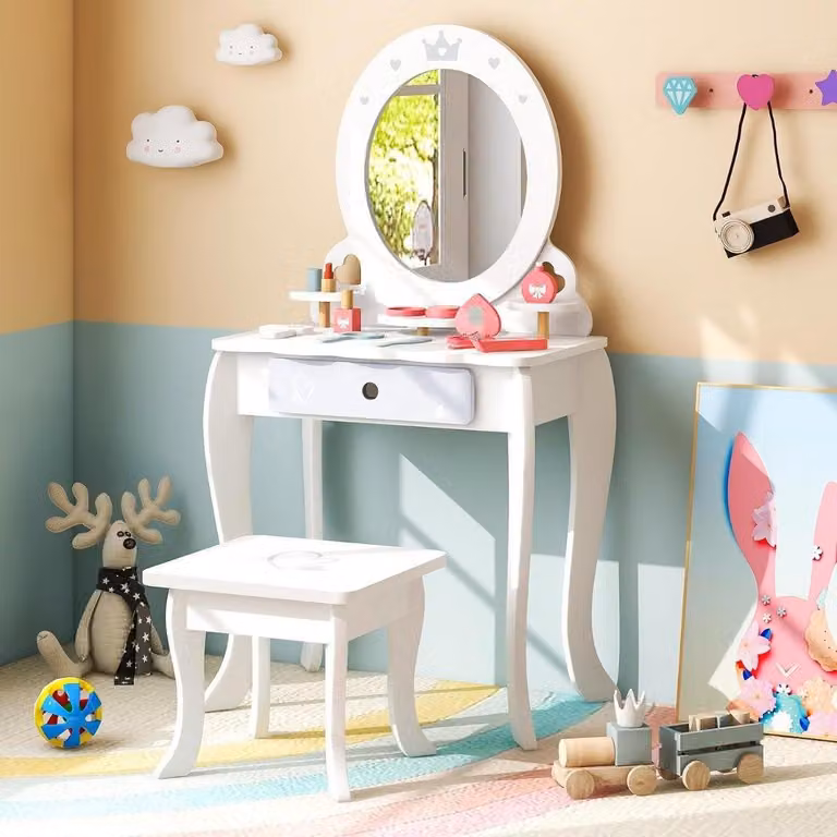 Set da toeletta per bambini 2 in 1 con sgabello, specchio rimovibile, cassetti e accessori