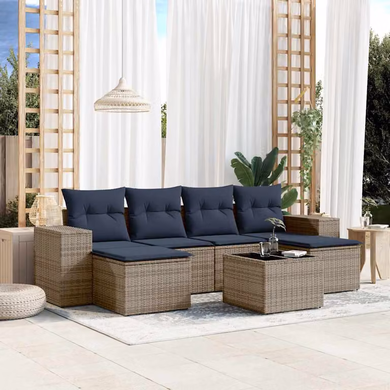 Set Divani da Giardino vidaXL 7 Pezzi in Polyrattan con Cuscini Blu e Grigio per Terrazza e Giardino