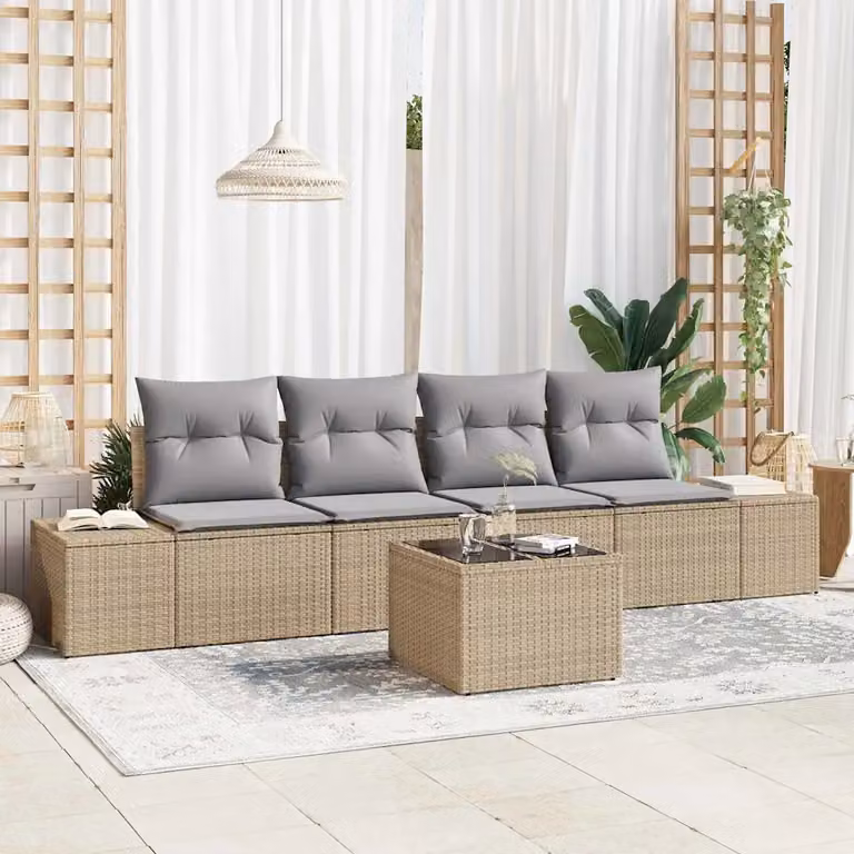 Set Divano da Giardino vidaXL 5 Pezzi Moderno in Polyrattan con Cuscini Beige e Grigio