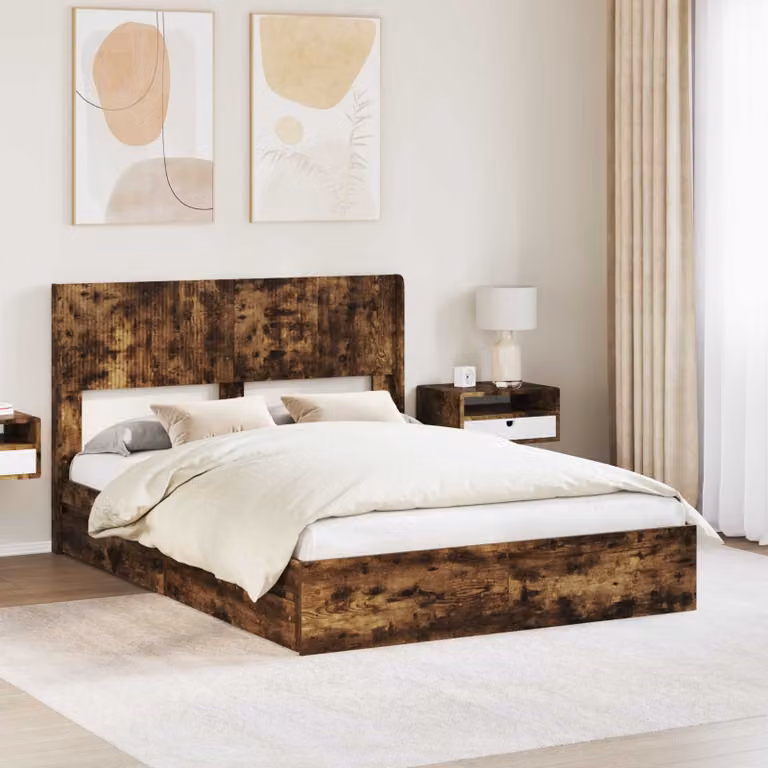 Struttura del letto con stoccaggio e testata vidaXL in Rovere Fumo, L/P/H: 160 x 200 x 100 cm