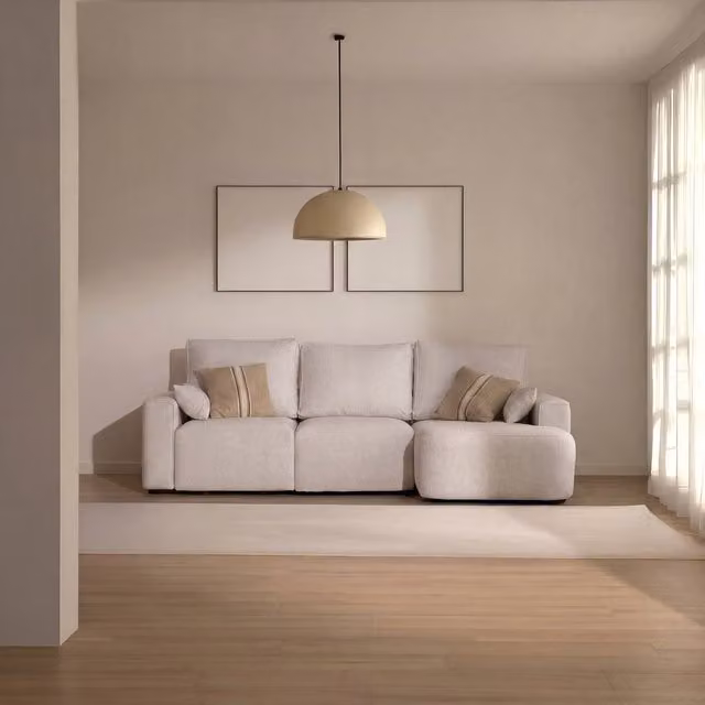 Divano angolare Banak con chaise longue destra, modello moderno a 4 posti in tessuto beige per il tuo soggiorno