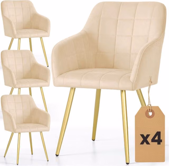 Set di 4 Sedie imbottite con cuciture quadrate LUXANO Beige gambe oro
