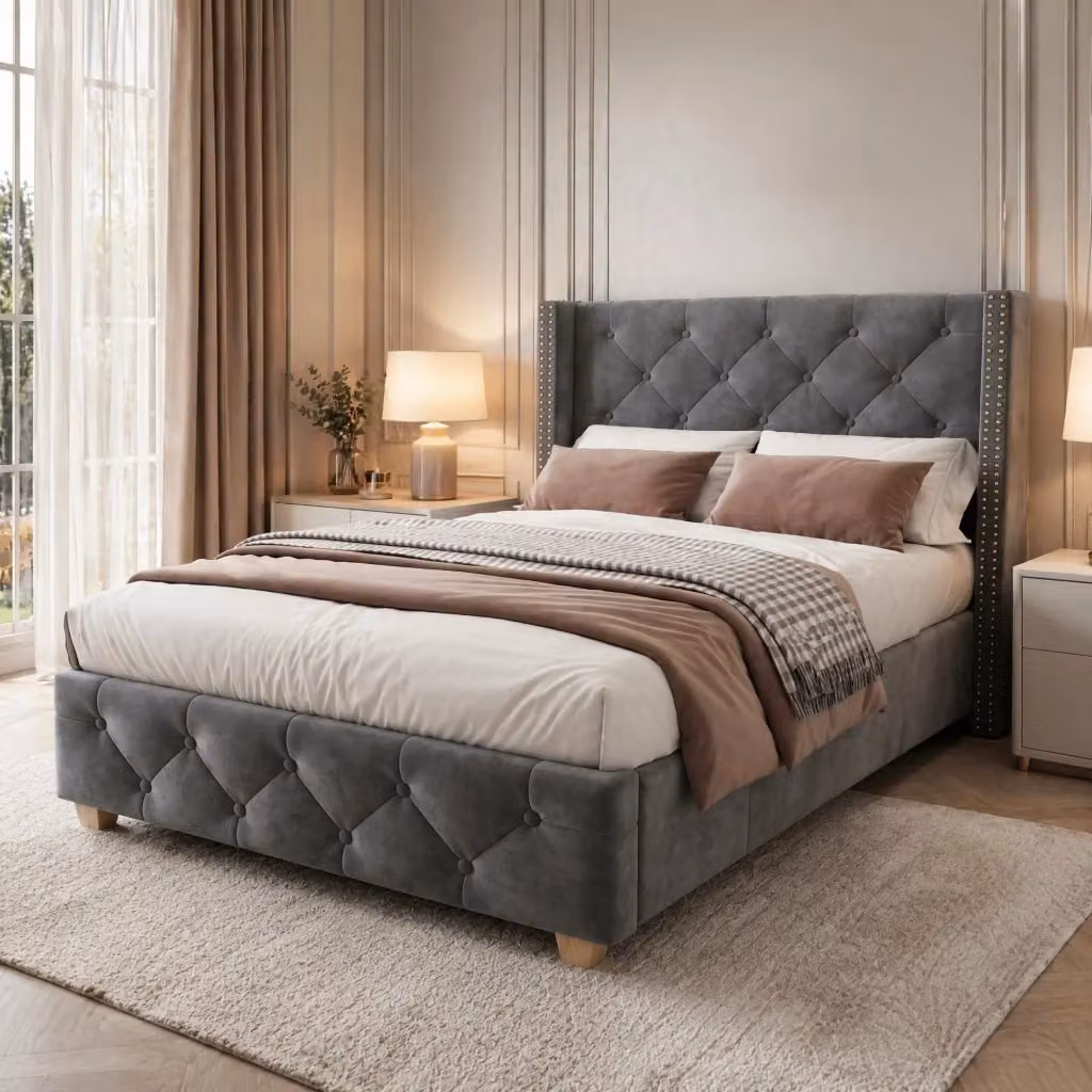 Letto imbottito MODFU in velluto grigio con testiera, rete a doghe e gambe in legno, L/P: 90 x 200 cm – 2