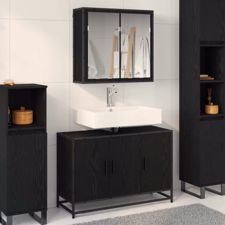 Set di mobili per il bagno vidaXL composto da mobile lavabo e armadietto con specchio, colore nero e rovere, L 90 x P 33 x H 60 cm