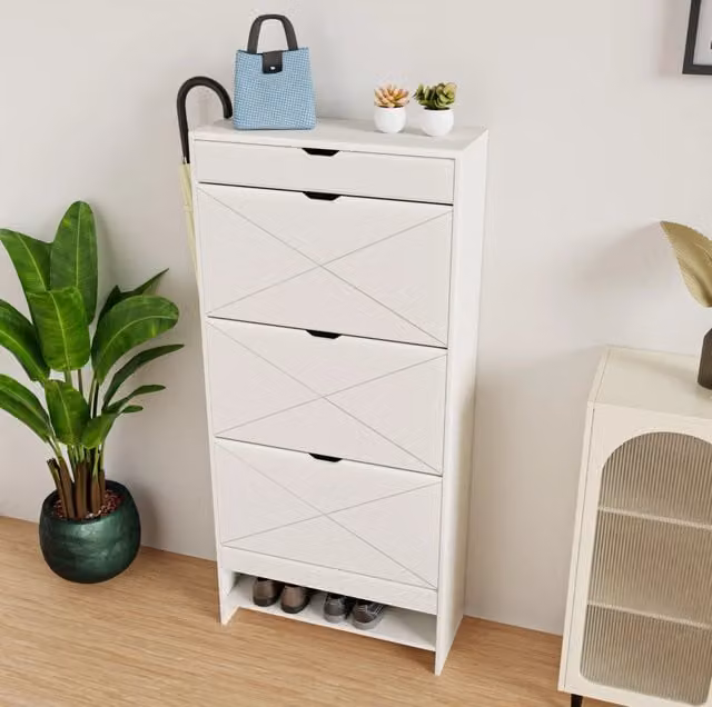 Armadio Porta Scarpe in Legno MDF Bianco con 3 Cassetti e Ripiano Estraibile, 2 Livelli
