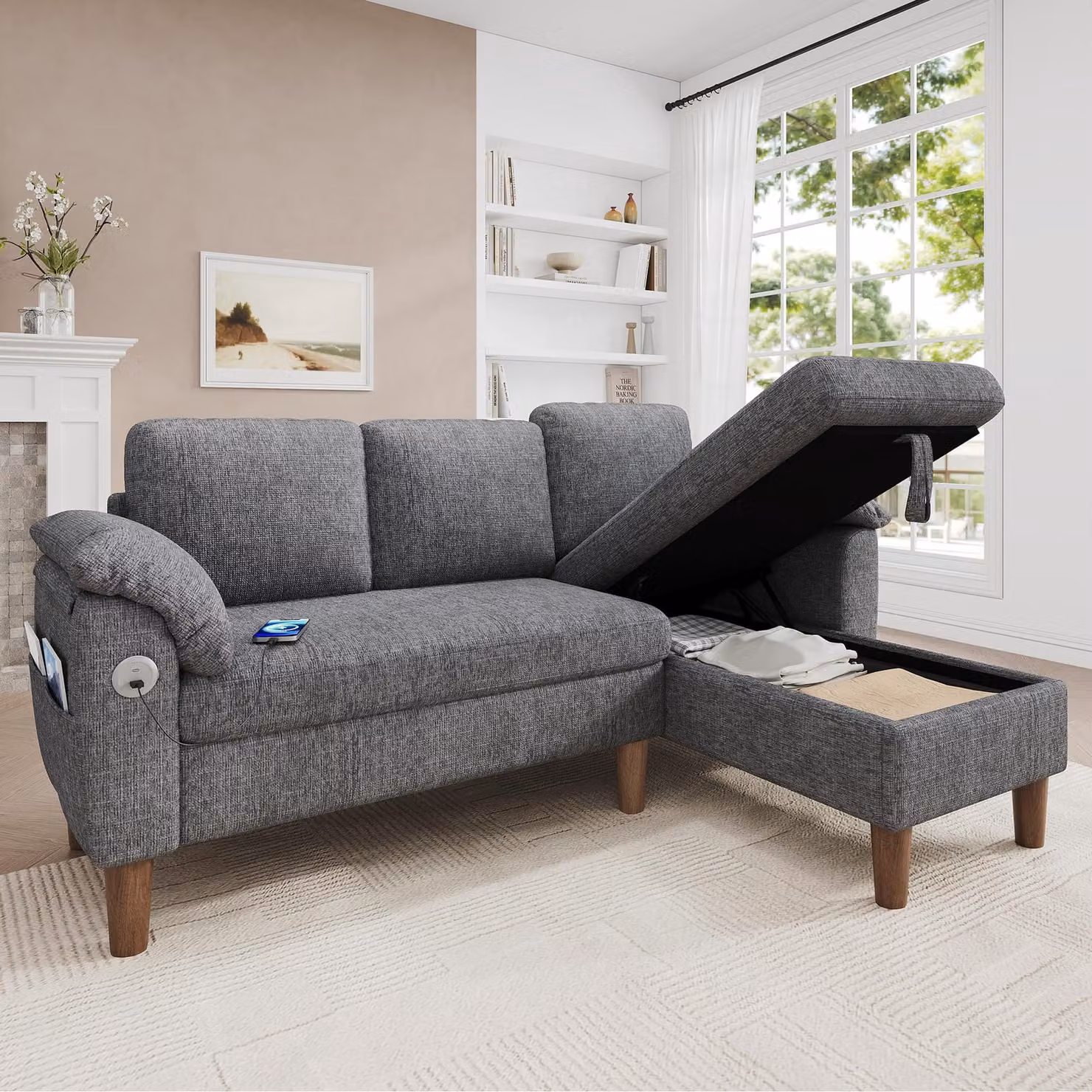 Divano angolare a forma di L Merax, divano a 3 posti con chaise longue contenitore, porta USB Type-C, tasche laterali, pouf modulare, tessuto in chenille, grigio chiaro