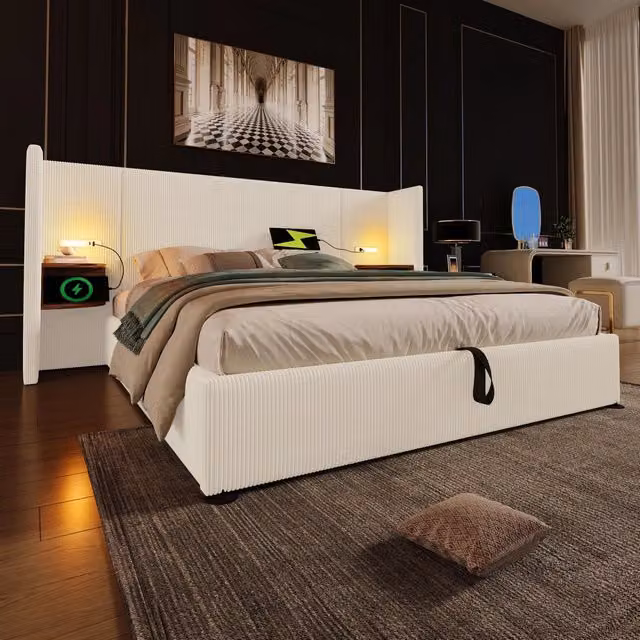 Letto matrimoniale 180x200 contenitore imbottito beige in velluto a coste con testiera; luce e USB