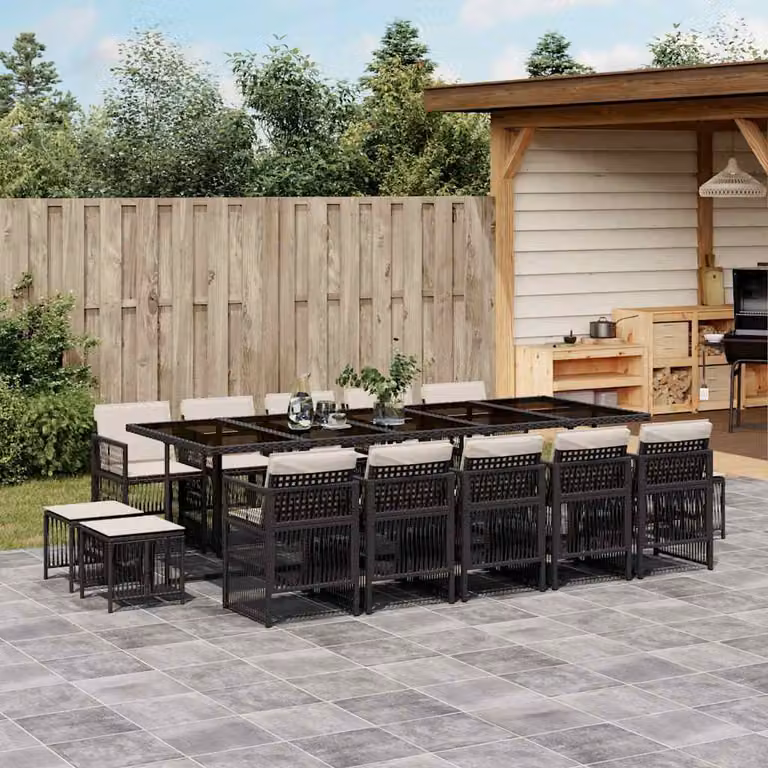 Set da Pranzo da Giardino vidaXL 15 pz in Polyrattan Nero con Piano in Vetro e Cuscini