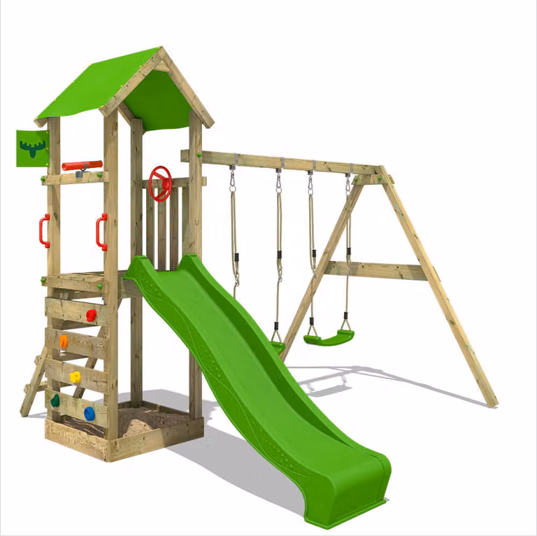 Torre giochi Fatmoose KiwiKey Kick XXL con altalena doppia e scivolo, colore verde chiaro