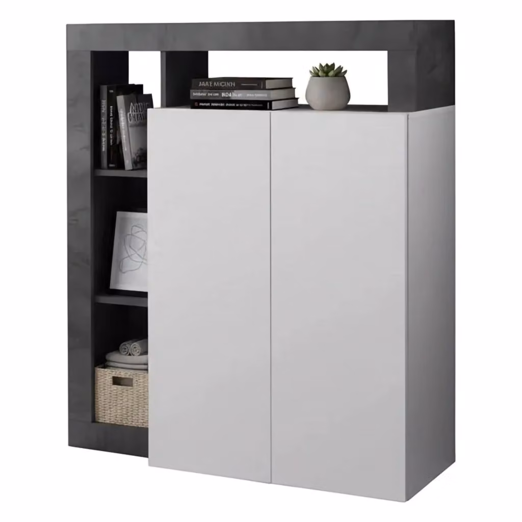 Credenza Smeraldo DMORA, Buffet e Madia da Soggiorno o Cucina, Bianco Lucido e Ardesia, L: 108 cm, P: 42 cm, H: 127 cm – 2