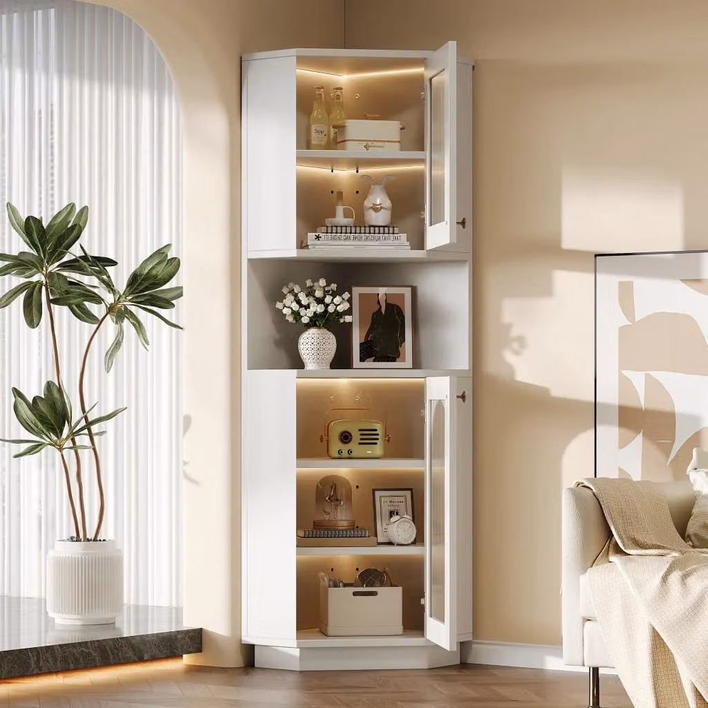Armadio angolare da bagno REDOM in MDF bianco lucido con ante in vetro, illuminazione LED integrata e ripiani interni, L/P/H: 45 x 45 x 166,5 cm – 2