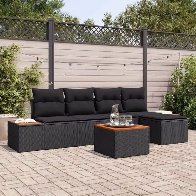 Set Divano da Giardino 6 pz 5-Numero di posti Nero Polyrattan 3356738