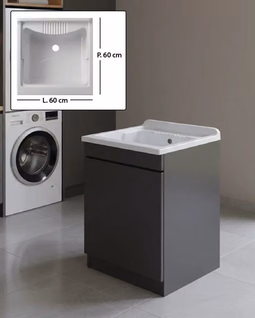 Mobile Lavatoio in legno Nobilitato Grigio con uno sportello e pilozzo lavabo in resina x lavanderia bagno Dimensioni (Larghezza x Profondità): L 60 x P 60 cm