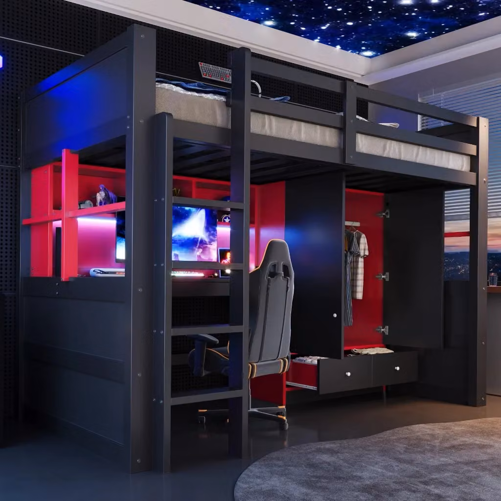 Letto a castello REDOM moderno in legno con scrivania, armadio e cassetti, colore nero e rosso, L/P: 90 x 200 cm – 2