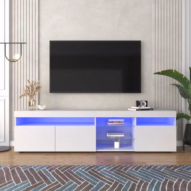Mobile TV moderno bianco - Zephmum - 180cm, pannello chiaro, illuminazione LED variabile