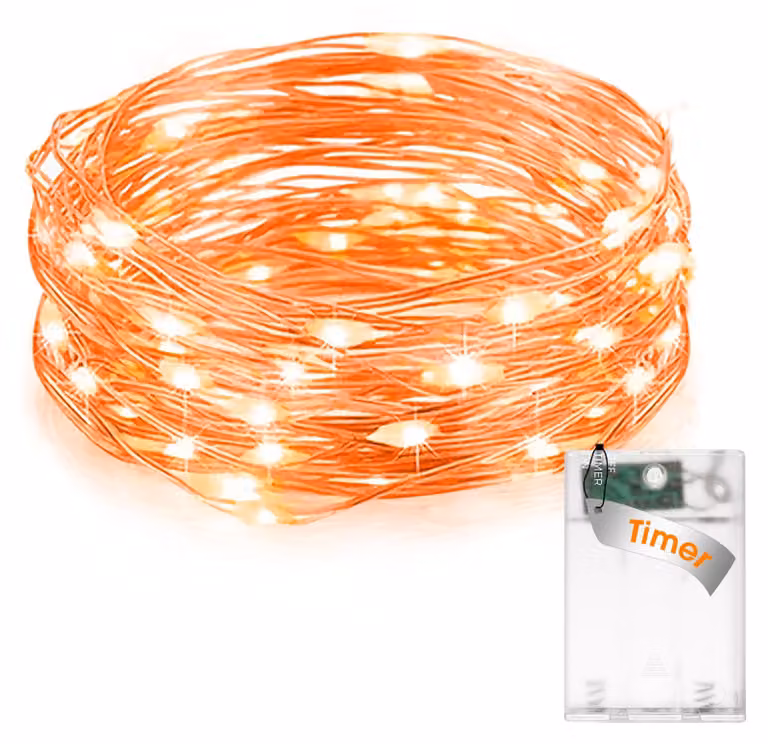 Catena luminosa a LED, lunghezza 3 metri, 30 micro-LED, colore arancione, grado di protezione IP65, con timer, alimentazione a batteria