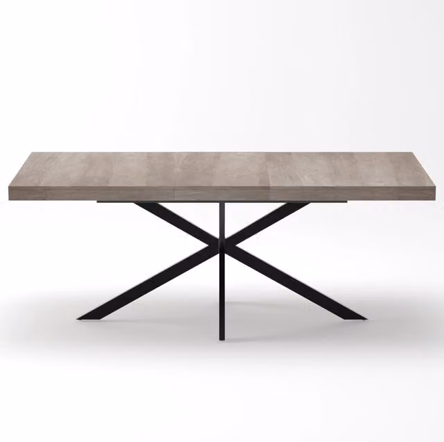 Tavolo da Pranzo Rettangolare Estensibile 140-180 cm con Piano in MDF Grigio e Base in Metallo Nero con Cassettino Nascosto