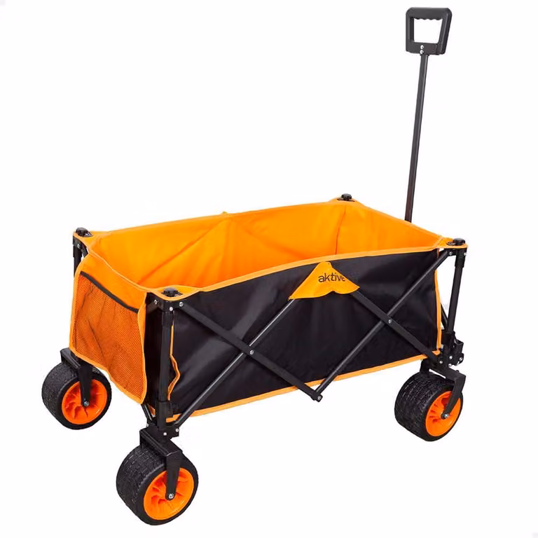 Carrello pieghevole, portata massima 100 kg, colore nero-arancione, con ruote robuste e girevoli a 360°, ideale per giardino e campeggio