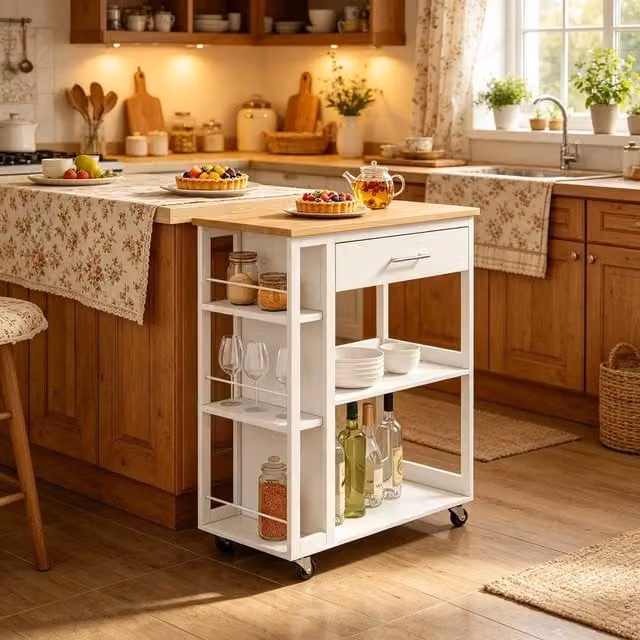 Carrello Cucina Portasnack Minimal con ruote in metallo e legno bianco, L: 38.0 cm, P: 30.0 cm, H: 88.0 cm