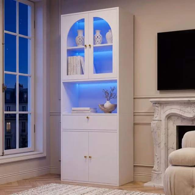 Vetrina con illuminazione LED RGB dimmerabile in MDF e vetro bianca